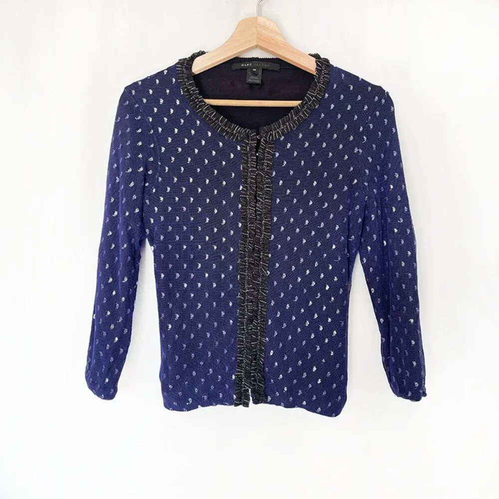 Marc Jacobs Blue and Metallic‎ Silver Ruffle Trim Cardigan Twee Girl Size M